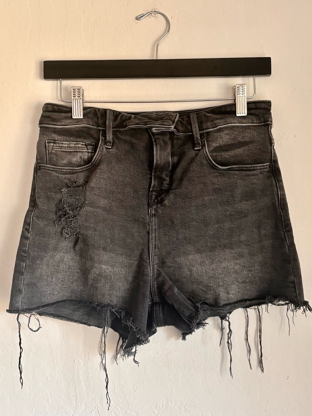 Good American Black Distressed Roll Waist Frayed Hem Denim Shorts, Sz 26
